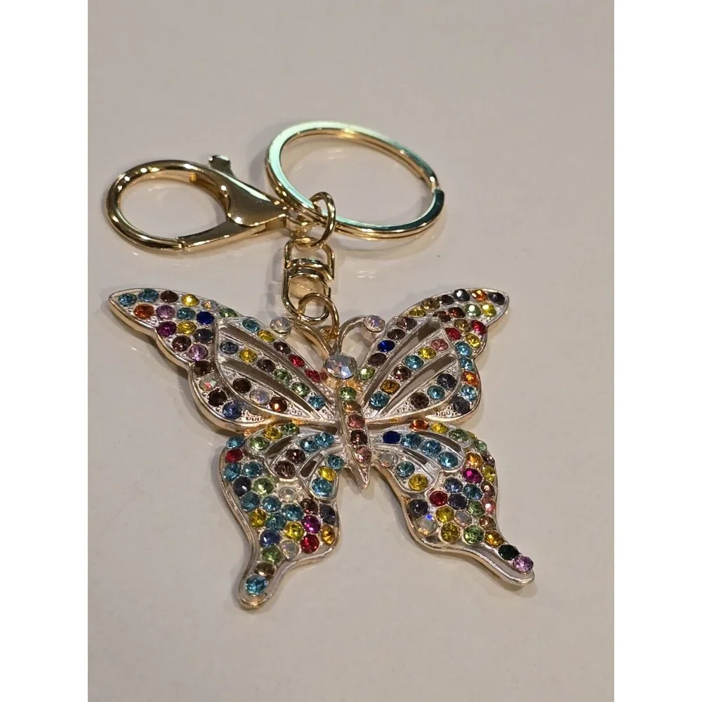 Multicolor Rhinestone Butterfly Purse Charm Keychain Gold Tone #1395